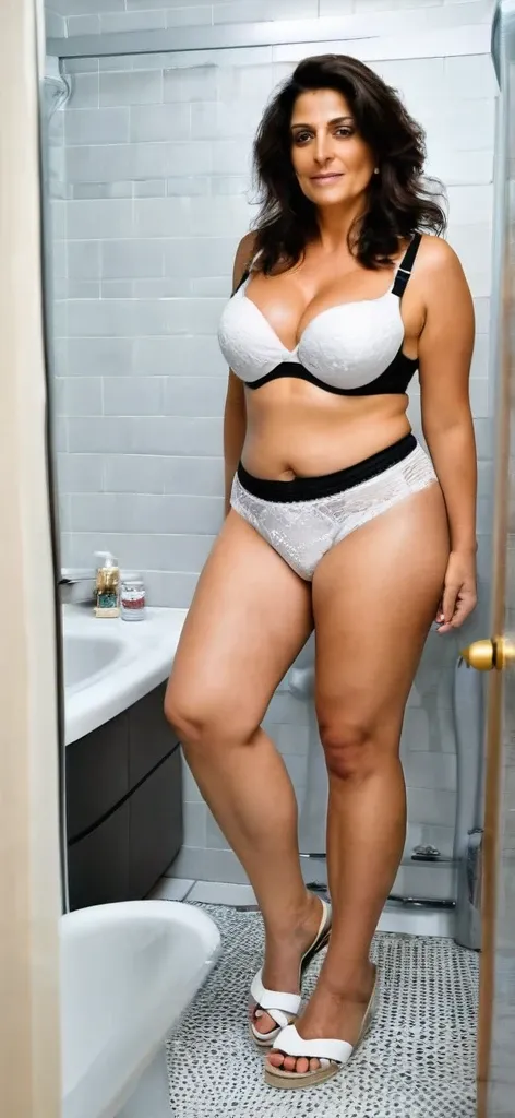 Persian Very Beautiful middle age Women having large thick thighs ,big breast wear black bra and white underwear and sandals standing with spreading legs in bathroom