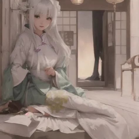 Anime girl sitting on the floor with a knife in her hand, Gwaiz on pixiv artstation, Gwaiz on artstation pixiv, White-haired God, Gwaiz, Digital art on pixiv, palace ， Girl in Hanfu, artwork in the style of Gwaiz, artstation pixivでトレンド, pixiv Contest Winne...