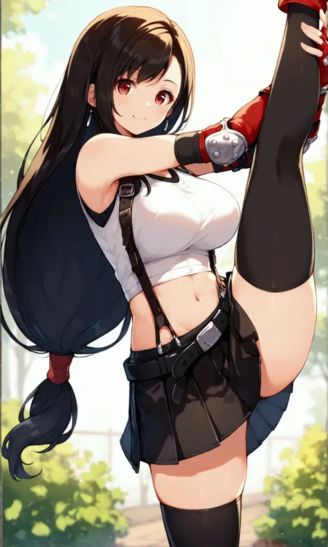 score_9, score_8_up, score_7_up,,BREAK , ,dynamicangle,,,,standing, ,,,Solo ,1girl, tifa lockhart, final fantasy, tareme,black hair, low-tied long hair, red eyes, bangs, (white tank top, belt, pleated skirt, thighhighs, elbow fingerless gloves, elbow pads,...