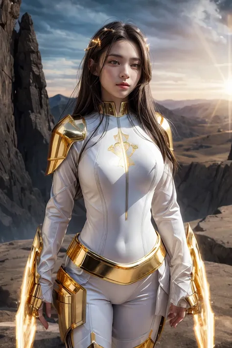 ((masterpiece, best quality, extremely detailed), volumetric lighting, ambient occlusion, colorful, glowing), 1girl, solo, young girl, (dark hair), long hair, halo, aura, sacred, goddess, cleric suit, (white outfit with gold detailst:1.3), armor, outdoors,...