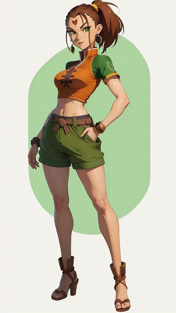 cartoon of a woman in a brown shirt and green shorts, avatar aang, aang, full body close-up shot, full body character, single character full body, full length character, full body picture, full body details, full body single character, male character, full...