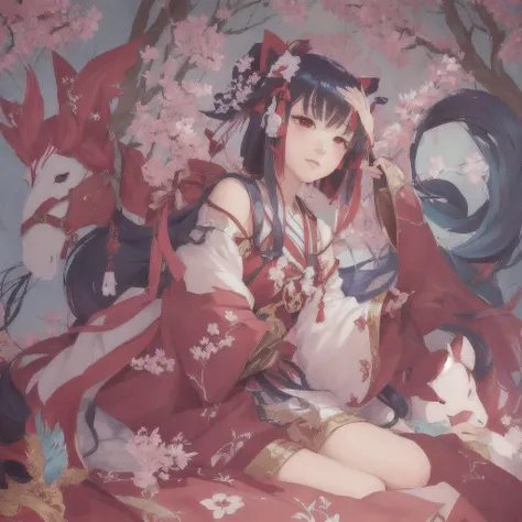 anime girl sitting on a bed with a bunch of stuffed animals, The Detailed Art of the Onmyoji, onmyoji, Anime fantasy illustration, Anime fantasy artwork, Beautiful anime artwork, Zerochan Art, Artistic rendering of Reimu Hakurei, Pixiv contest winner, Pixi...