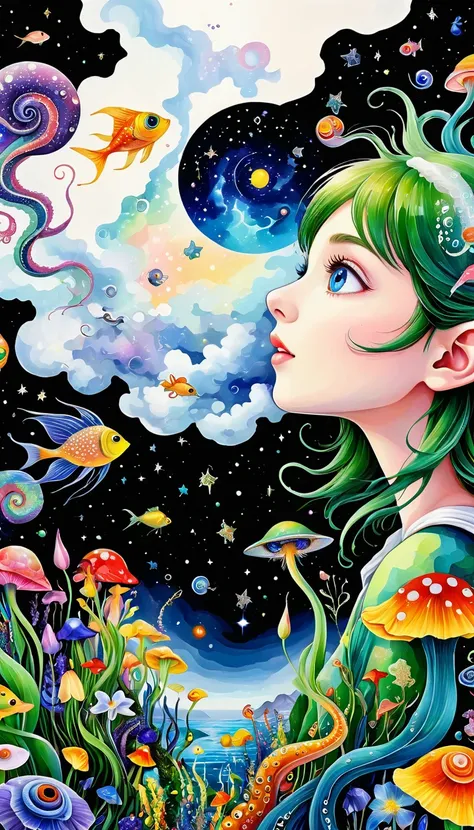 Three-dimensional painting。The elf looking up at the sky，，Artists from the stars，Colorful black，A world of color，Dopamine，mouth，A cloud、snails、iris、fish、Tentacles、bird、Eye、diatom，Abstract mosaic painting，Describing the inner world of autism，Sense of space，...