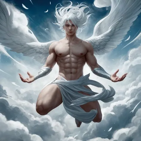 a picture of a man with white hair and wings flying through the air, white haired deity, artgerm on artstation pixiv, deviantart artstation cgscosiety, trending on artstation pixiv, white hair floating in air, official fanart behance hd, extremely detailed...