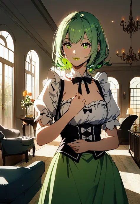 1girl with medium green hair, green eyes, green lips, maid uniform, decolletage, smiling, rich living room, indoors