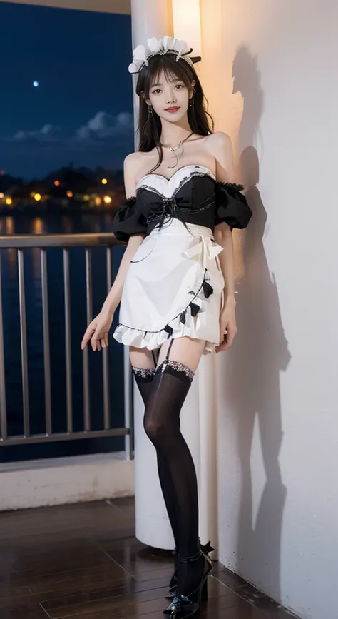 black thighhighs,dress,hitman,maid,maid headdress,thighhighs, ((bare shoulders)), ((full breasts)), ((the skirt is short)), ((se...