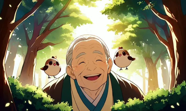 Create an anime-style illustration of a heartwarming scene from the Japanese folktale "Tongue-Cut Sparrow." The image should feature an elderly man with a kind smile and a small sparrow, set in a lush forest with gentle sunlight filtering through the trees...