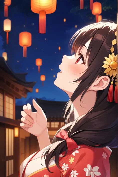 alone, One girl、Crown braids in the same color as your hair, hair ornaments, Hair Ribbon,(A light blue kimono with a red floral pattern and a red obi.)、Red Eyes、Black Hair、(blush:1.6)、(Profile of a smiling face with his mouth open:1.6)、Larger breasts、(The ...