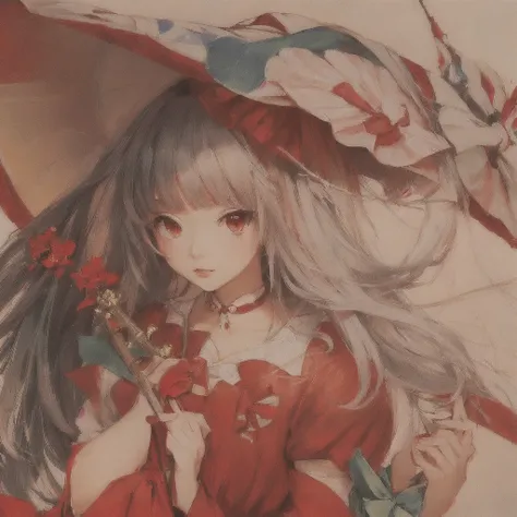 Wearing a red dress and a red hat、Anime girl holding a red umbrella, Gwaiz, Gwaiz on pixiv artstation, artwork in the style of Gwaiz, Gwaiz on artstation pixiv, by Shimo, Digital art on pixiv, Detailed anime artwork, The Detailed Art of the Onmyoji, Zeroch...