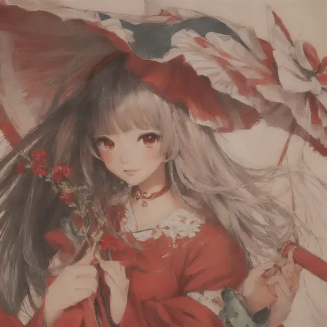 Wearing a red dress and a red hat、Anime girl holding a red umbrella, Gwaiz, Gwaiz on pixiv artstation, artwork in the style of Gwaiz, Gwaiz on artstation pixiv, by Shimo, Digital art on pixiv, Detailed anime artwork, The Detailed Art of the Onmyoji, Zeroch...