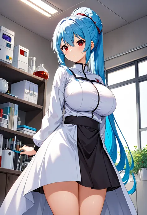 My name is Yukiko.I am a white test woman with long Sky blue hair,red eye color.I am 1.62 cm tall . Dressed in a short scientific gown and a black skirt with her hair up. With huge breasts measure 200 cm, waist 40 cm and my hips 200 cm