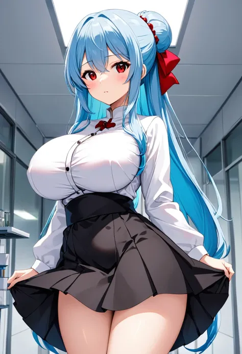 My name is Yukiko.I am a white test woman with long Sky blue hair,red eye color.I am 1.62 cm tall . Dressed in a short scientific gown and a black skirt with her hair up. With huge breasts measure 200 cm, waist 40 cm and my hips 200 cm