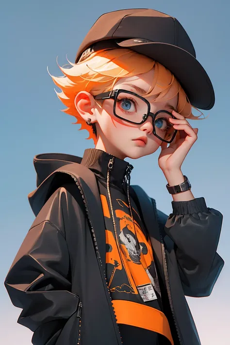 Blind Box,Simple Background,Extraordinary wide portrait of microscopic unknown little small クール cyberpunk alien species over orange tech style of high tech fashion professional photography, 8K, White Blonde Hair，Shaved head,Boy with futuristic glasses，Blac...