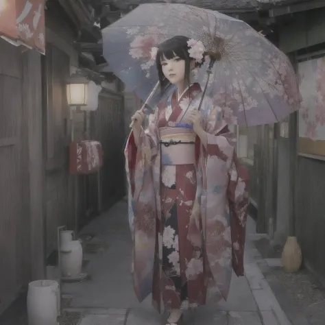 A kimono-clad anime character holding an umbrella in a hallway, artwork in the style of Gwaiz, Gwaiz, Anime Style 4 k, Anime Styled digital art, Gwaiz on artstation pixiv, Gwaiz on pixiv artstation, アニメアート壁紙 8K, Beautiful anime art, Anime Style. 8K, Create...