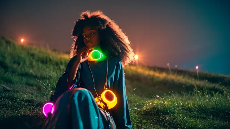 Pretty black woman sitting on a hillside, soft hair, funkypop, cyberdelic, grunge, hyperrealistic anime, lofi art, luminism, manga, medium shot, chemiluminescence, flare, flourescent lightin, character design, atey ghailan, basquiat, colorful_frequencies, ...