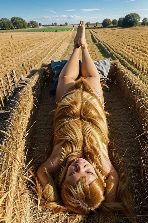 A golden retriever dog lying on its side and looking at the camera in a cornfield. The dog is next to hay bales that are about the same size as the dog. The scene is set on a sunny day with the golden corn stalks and blue sky in the background.
