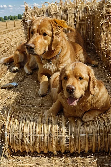 A golden retriever dog lying on its side and looking at the camera in a cornfield. The dog is next to hay bales that are about the same size as the dog. The scene is set on a sunny day with the golden corn stalks and blue sky in the background.
