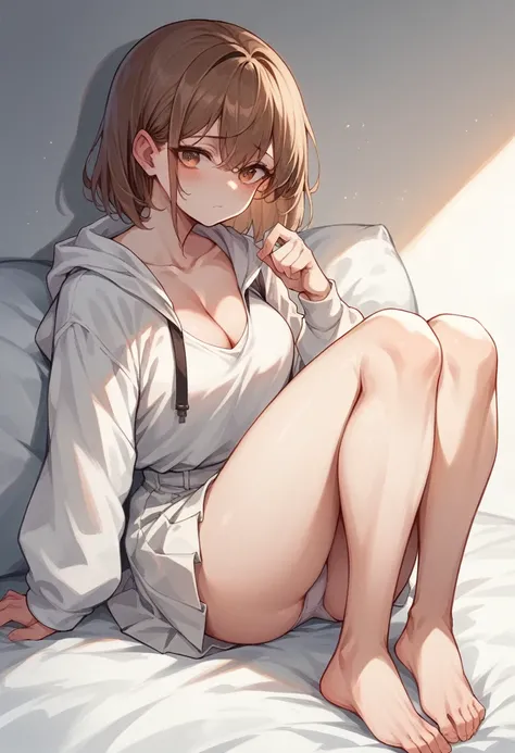 Brown-haired girl　Her shoulder-length hair is tied back　Wearing a white hoodie and a white skirt　White underwear　White skin　tall　With bangs　Beautiful face　Thin legs　The cleavage is visible　sitting on the bed　Thin legs　Shy　Anime Style