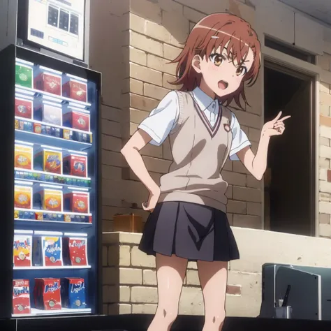 superior_Mikoto, One Girl, alone, School_uniform, tokiwadai_School_uniform, sweater_Best, masterpiece，skirt, brown_sweater_Best,Laughter、Schools、Arms crossed，Blitzkrieg，vending machine