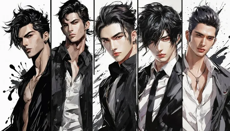 ink，Exaggerated expressions，5 handsome male characters，ink，stain，Line outline，ink stain，คราบink