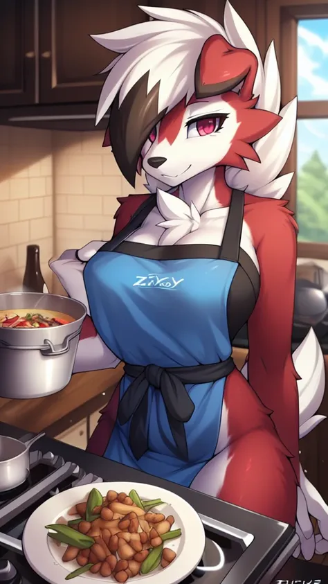 By zinfyu,by twistedscarlet60, uploaded on pixiv, by fluff-kevlar, (masterpiece), (best quality), (solo female:1.2), (extremely detailed:1.3),(detailed eye,black circle on eye,pink eye), lycanroc midnight, view on viewer, wearing cooking apron,in kitchen, ...