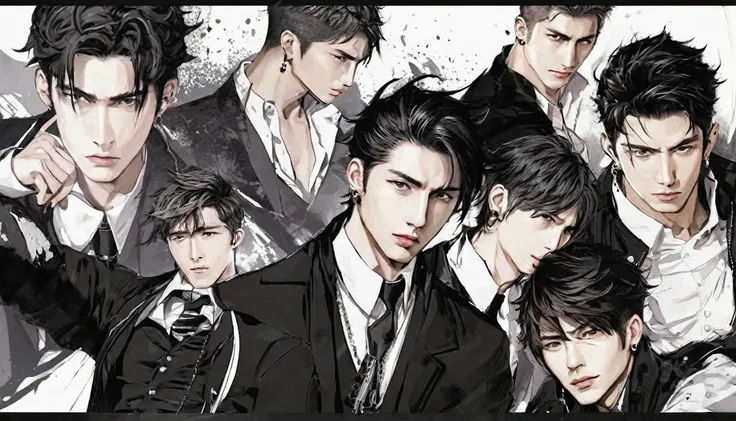 ink，Exaggerated expressions，5 handsome male characters，ink，stain，Line outline，ink stain，คราบink