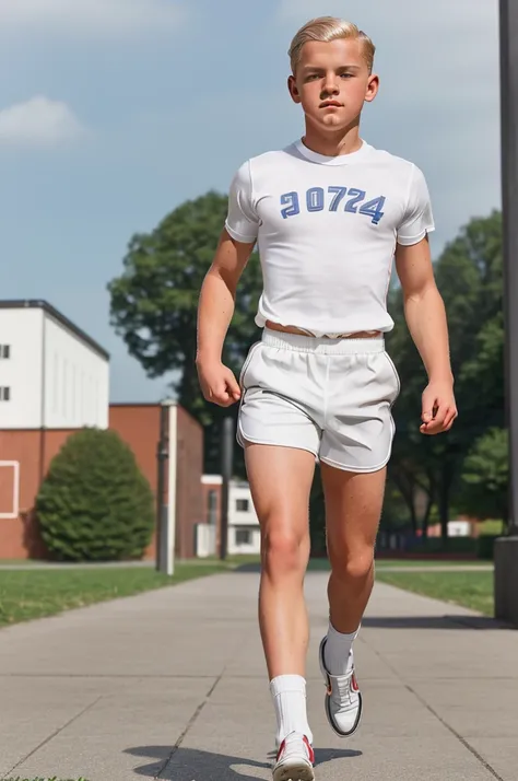 Zollverein, 1940. profile view of A young ((((14-year-old)) Werner Pfennig)), young man, gym class, running, ((((clothings from the 1940s, white shorts and t-shirt)))), ((platinum blonde hairstyle of the 1940s))