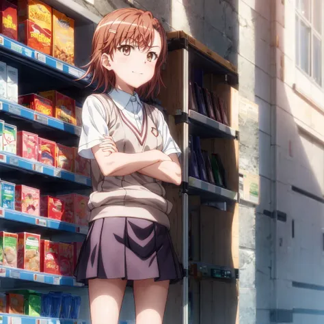 superior_Mikoto, One Girl, alone, School_uniform, tokiwadai_School_uniform, smile，sweater_Best, masterpiece，skirt, brown_sweater_Best,Laughter、Schools、Arms crossed，Blitzkrieg，vending machine