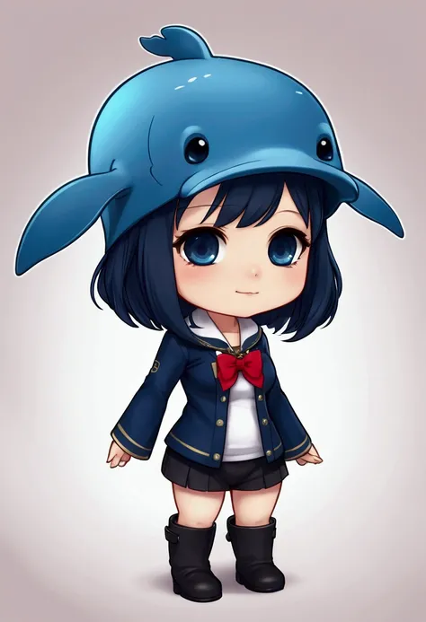 High quality,table top, Chibi, Nerdrooid, Mega Mini, whale hat, whale hatNo ears., No ears., whale tail, Cute outfit, have dark hair, Bob hairstyle, metal, hibiscus, Whole Esbian