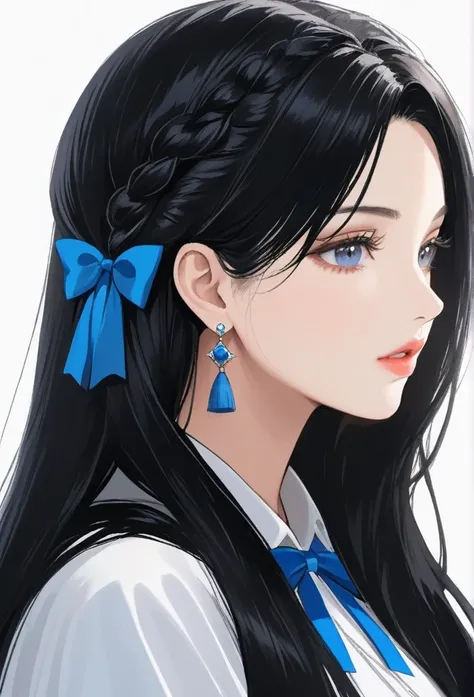 ((1woman, long black hair, mature,hair braid with blue ribbon,dress, jhumka earrings , detailed alluring eyes, smooth detailed lips,angelic face,