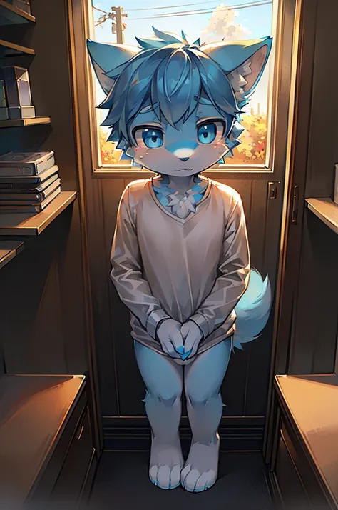 Normal scenario (Furry light blue fox boy), Standing，Facing the camera， ((Melancholy， Detailed face, Clear big eyes，blue eyes，Meticulous attention to detail)), Natural and soft lighting, 8K, SF Express, Autumn Light , peaceful , (Fluffy Paws), Front view，W...