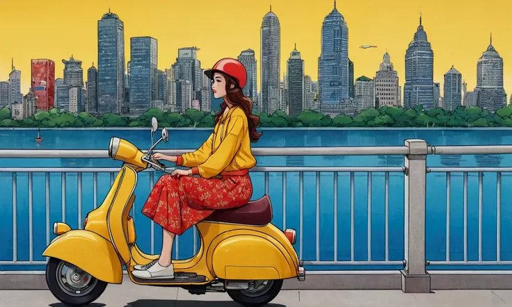 An illustration of a young woman sitting on a vintage yellow and red scooter parked near a railing. The background features a modern city skyline with tall buildings and a body of water reflecting the cityscape. The woman is wearing a colorful, casual outf...