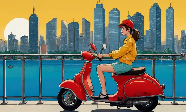 An illustration of a young woman sitting on a vintage yellow and red scooter parked near a railing. The background features a modern city skyline with tall buildings and a body of water reflecting the cityscape. The woman is wearing a colorful, casual outf...