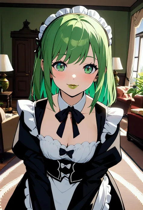 1girl with medium green hair, green eyes, green lips, maid uniform, decolletage, smiling, rich living room, indoors, young face