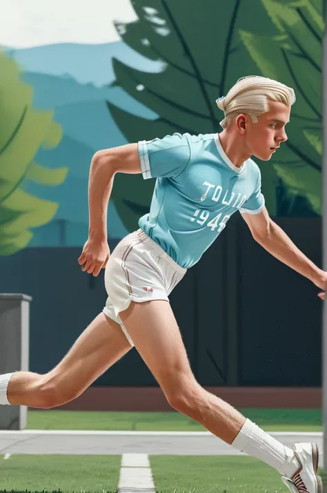 Zollverein, 1940. profile view of A young ((((14-year-old)) Werner Pfennig)), young man, running fast, ((((clothings from the 1940s, white shorts and t-shirt)))), ((platinum blonde hairstyle of the 1940s))