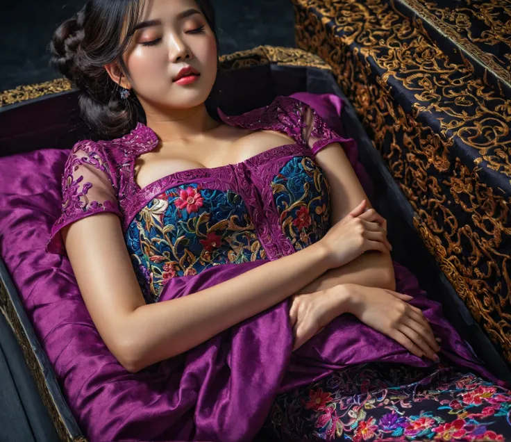 In a striking 8K HDR scene, a stunning Korean woman, 22 years old, lies peacefully in a black coffin surrounded by plush pillows. The deep box is set against a rich black background, accentuating the beauty of the subject. Her exquisite kebaya attire is em...