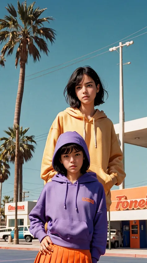  photo cinematic photograph long shot portraits by Wes Anderson, cute 23 yo girl ,fokus, bokeh ,wear ((orange color oversized_hoodie)), wear ((purple tennis skirt)),looking front,Best Quality,Masterpiece,Ultra High Resolution,(Realisticity:1.4),Original Ph...