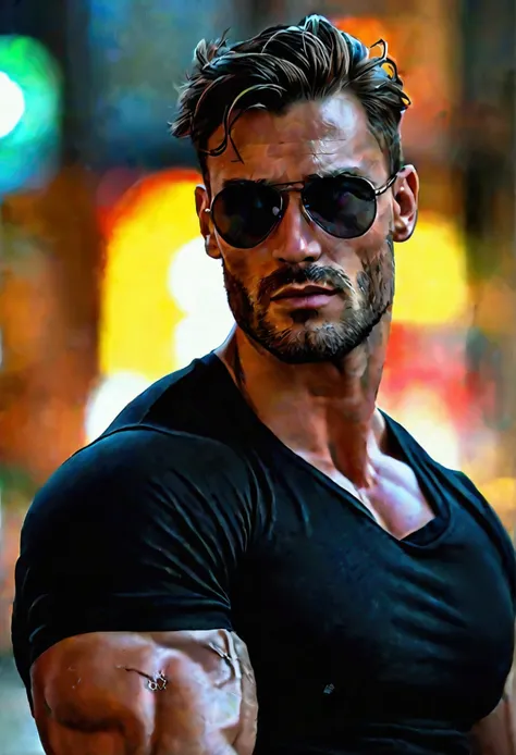 Handsome man with a tall texture and a medium muscular body, also slim, wearing a tight black t-shirt and showing the shape of his muscles, wearing sunglasses, like a model but with short hair combed neatly back, charming with a cool, sexy and seductive ga...