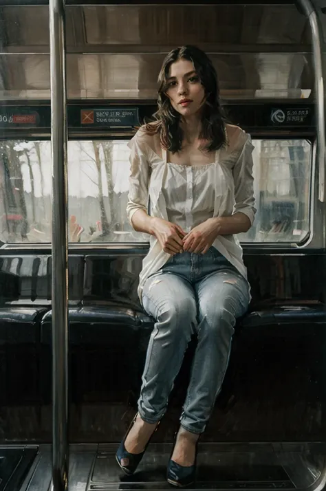 oil painting of an elegant slim woman sitting in a metro car ((one woman only)) ((woman dressed in white)) modern dress, gray je...