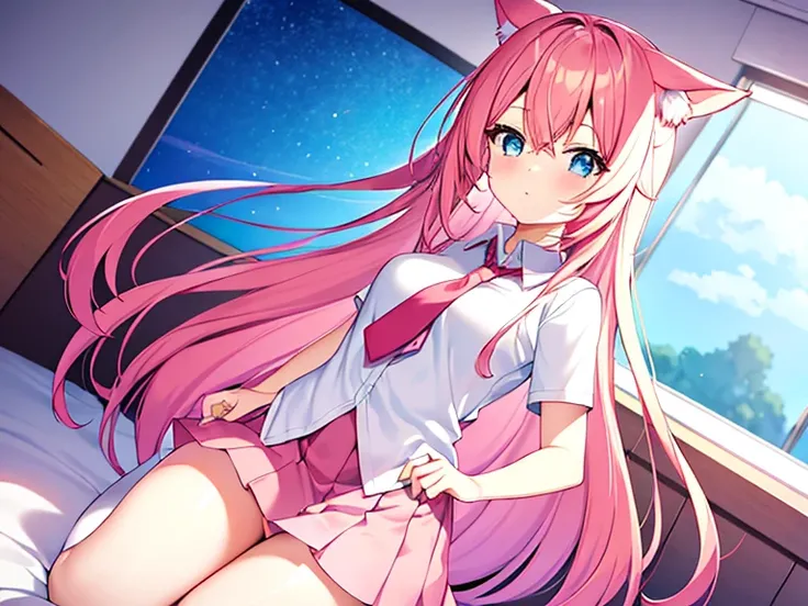 cute anime girl holding a pink video game controller in a room, anime catgirl,a girl wear white shirt and red tie and wear tight white skirt,cute anime catgirl, anime girl with cat ears, blue eyes,flat anime style, nekomimi, lofi girl, catgirl, anime vibes...