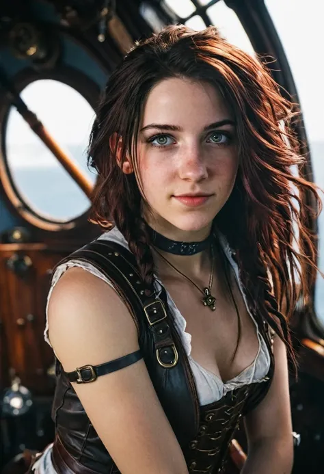 (photography of a 20 year old Tifa Lockhart), (no close-up), highly detailed face, (smile:0.7) (background inside dark, moody, private study:1.3), steampunk pirates airship, nikon d850, film stock photography, for kodak portra 400 ,camera f1.6 lens, bokeh,...