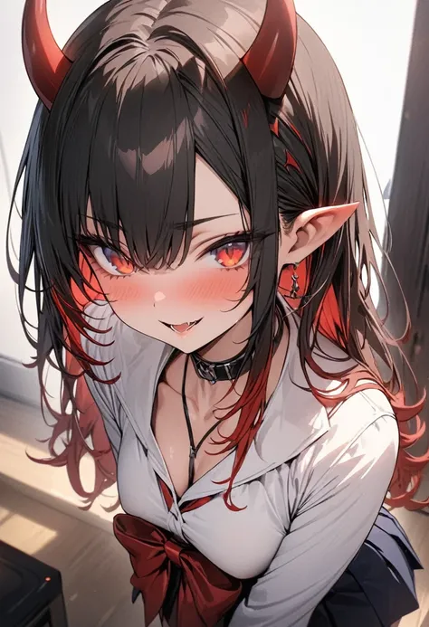 (masterpiece:1.2),(best quality:1.2),(masterpiece, best quality, ultra-high resolution), (demon girl), Short black hair with red tips, bright red eyes, reddish skin tone, small sharp horns, slim figure, , Japanese  with pleated skirt and white blouse, red ...