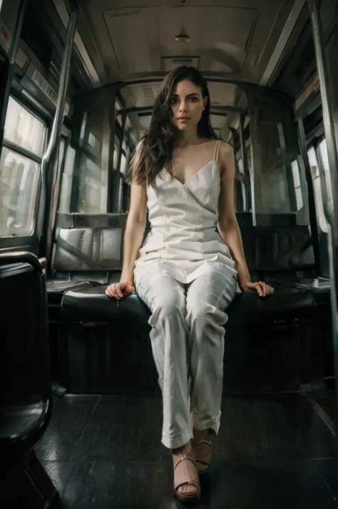 oil painting of an elegant slim woman sitting in a metro car ((one woman only)) ((woman dressed in white)) modern dress, gray je...