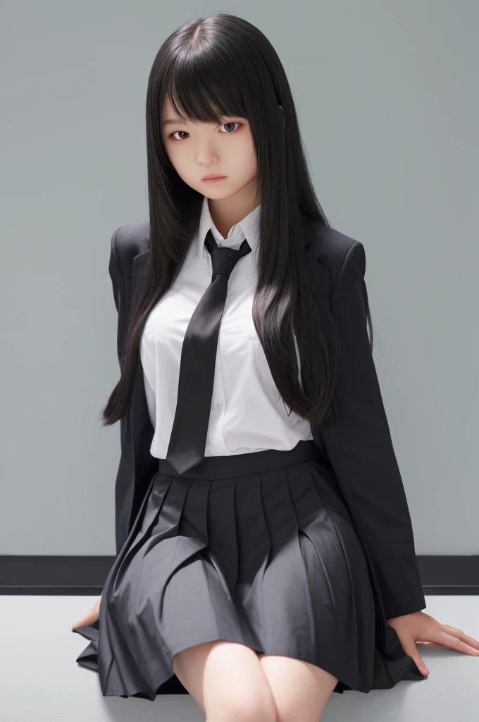 1girl, solo, long_hair, skirt, black_hair, shirt, original, school_uniform, sitting, necktie, photo_(medium), head_out_of_frame, hands_on_lap