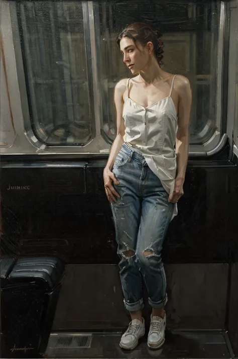 oil painting of an elegant slim woman sitting in a metro car ((one woman only)) ((woman dressed in white)) modern dress, gray je...