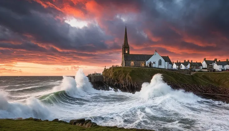 A beautiful old English fishing village with giant waves crashing over the sea wall, theres a church on the hill, it is sunset and the clouds are red,