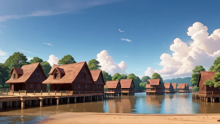 "Colonists disembarking on the New World coast, building first wooden houses, 17th century, realistic style"