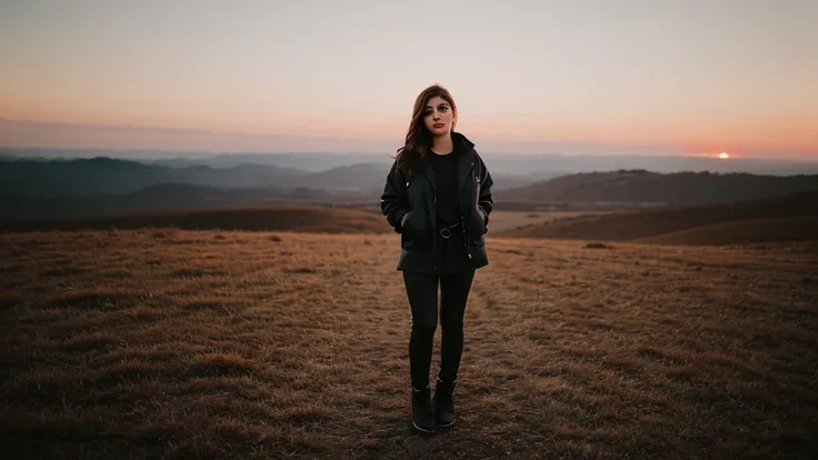 full body film photo of woman in winter setting wearing jacket, wide angle, bokeh, cinematic, sunset epicrealism chrissy costanz...