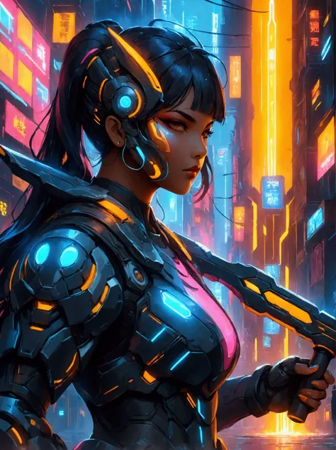 a futuristic warrior, resplendent in glowing armor of vibrant neon shades, stands poised in an active, dynamic stance. the warri...