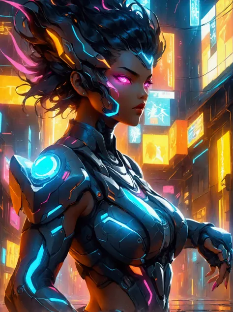 a futuristic warrior, resplendent in glowing armor of vibrant neon shades, stands poised in an active, dynamic stance. the warri...